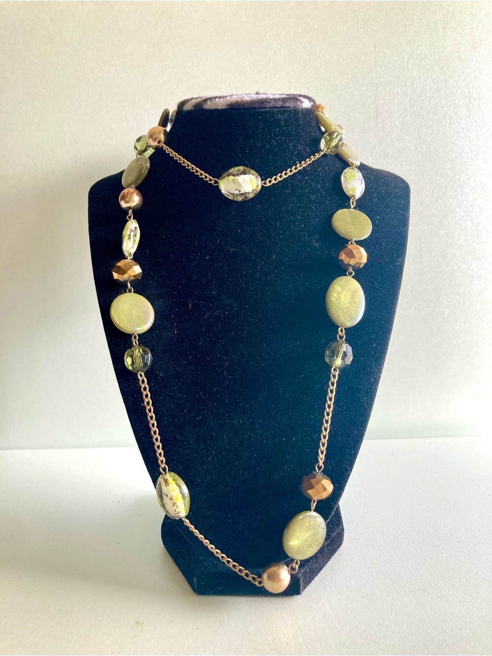 Gold and silver tone Chain Necklace with Light Green Beads signed EL